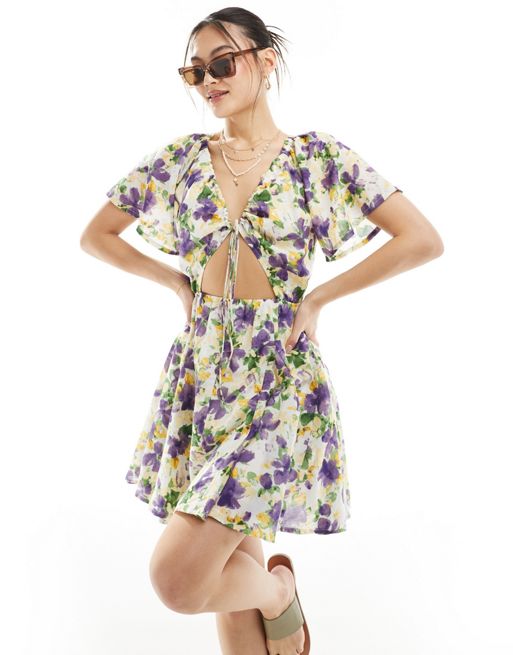 CerbeShops DESIGN mini cut out dress with godet skirt in lilac floral 