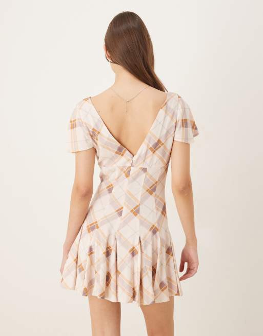 ASOS DESIGN mini day dress with godet hem in brown plaid print, 3 of 4
