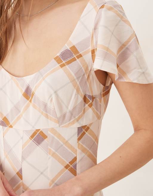 ASOS DESIGN mini day dress with godet hem in brown plaid print, 4 of 4