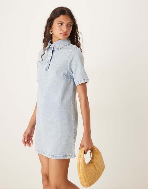 ASOS DESIGN - Mini-denimkjole i lys vask med polokrave - view 1