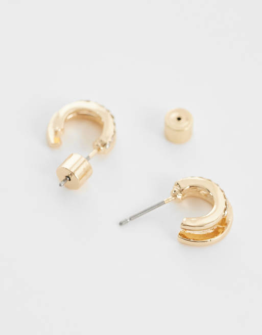 ASOS DESIGN mini double hoop earrings with diamante detail in gold tone, 4 of 4