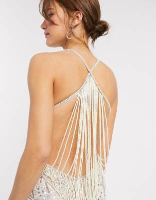 asos design all over embellished fringe mini dress