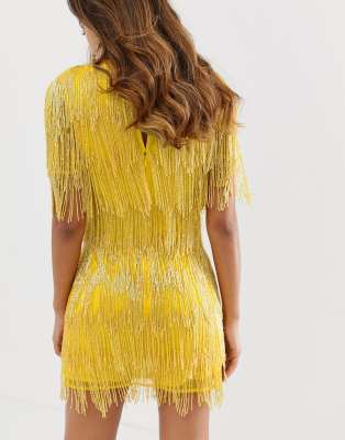 asos design all over embellished fringe mini dress