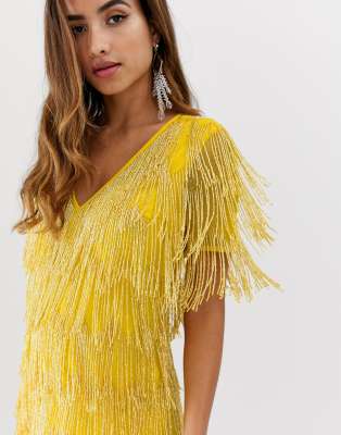 asos design all over embellished fringe mini dress