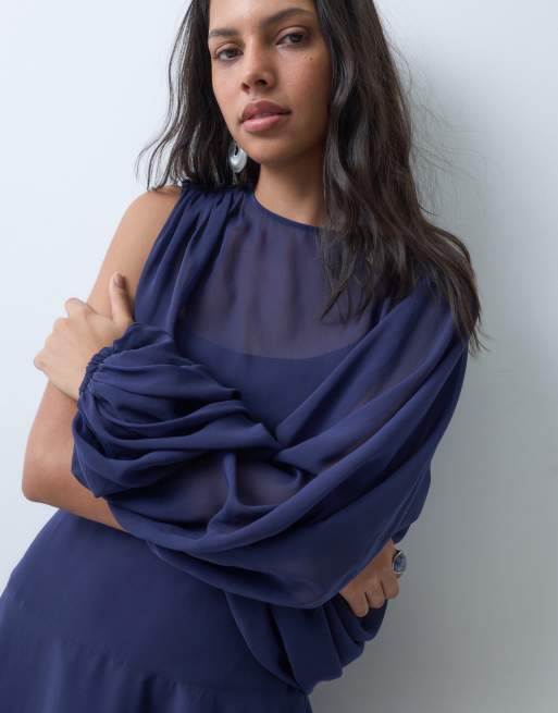 ASOS DESIGN mini dress in chiffon blousante a maniche lunghe blu navy, 3 di 4