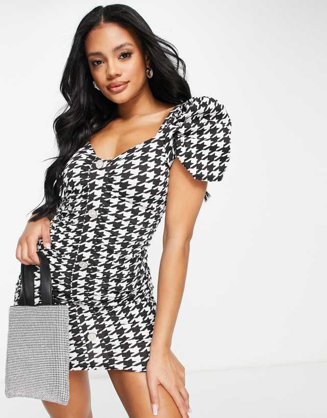 ASOS DESIGN mini dress in houndstooth print with diamante buttons