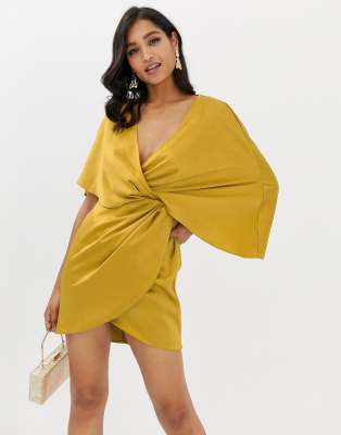 ASOS DESIGN mini dress in satin with asymmetric kimono sleeve-Gold