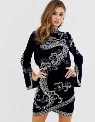 Asos Design Mini Dress In Velvet With Embellished Dragon navy ModeSens