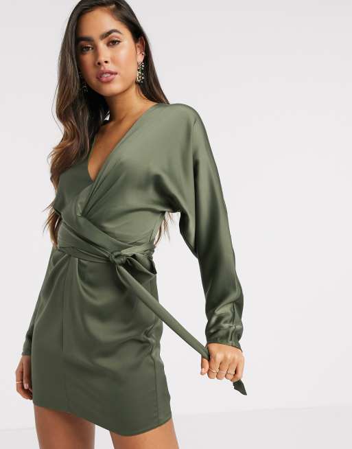 Asos design mini dress with batwing shop sleeve and wrap waist in satin