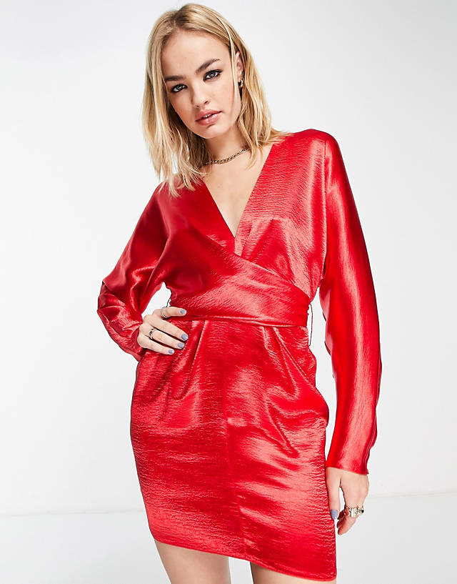 ASOS DESIGN mini dress with batwing sleeve and wrap waist in red satin
