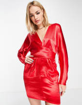 River Island wrap shirt mini dress in red satin | ASOS