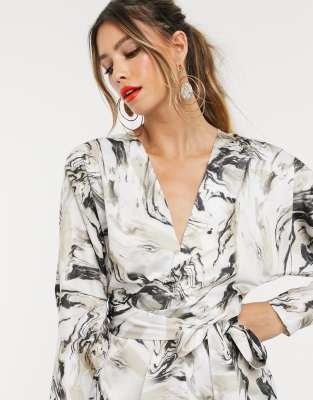 asos design mini dress with batwing sleeve and wrap waist in satin