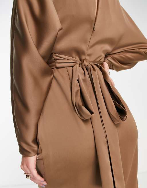 Taupe Satin Tie Waist Wrap Shirt – AX Paris