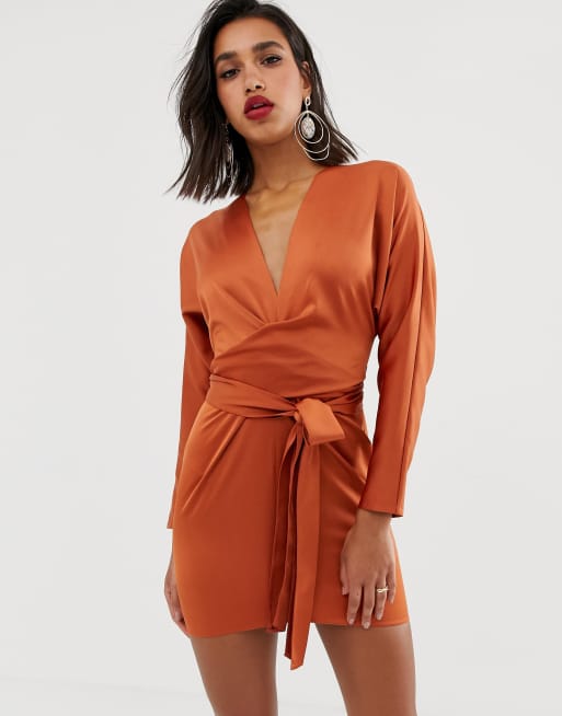 Asos design mini dress with batwing on sale sleeve and wrap waist in satin