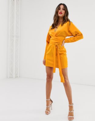 asos design mini dress with batwing sleeve and wrap waist in satin