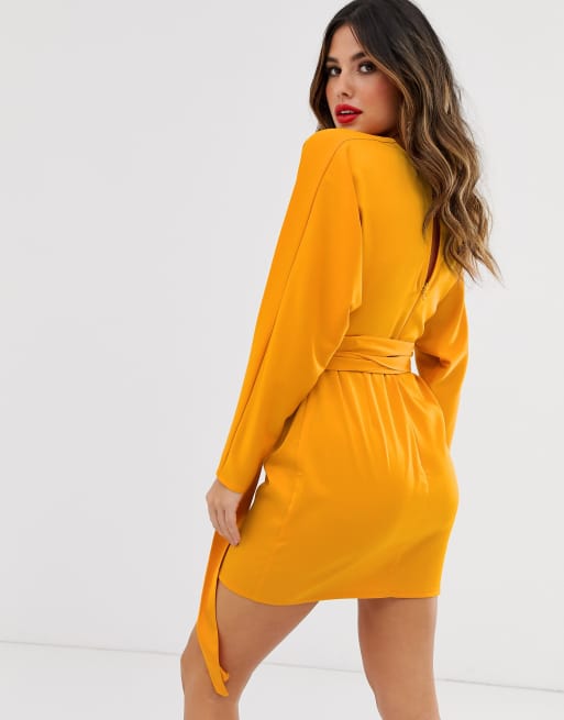 Asos design mini dress with batwing outlet sleeve and wrap waist in satin