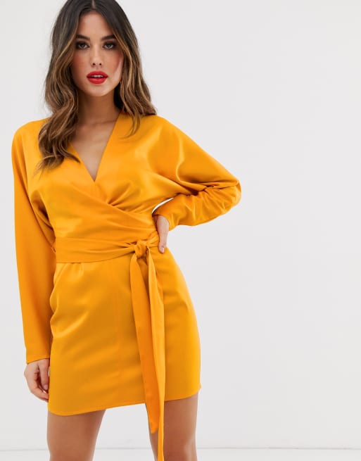 Asos design mini dress with batwing hot sale sleeve and wrap waist in satin