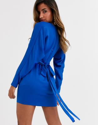 asos design mini dress with batwing sleeve and wrap waist in satin