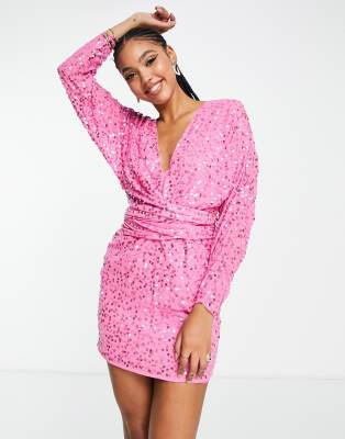 Asos Design Mini Dress With Batwing Sleeve And Wrap Waist In Scatter Sequin In Pink