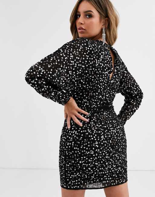 ASOS DESIGN mini dress with batwing sleeve and wrap waist in scatter sequin, 2 of 4