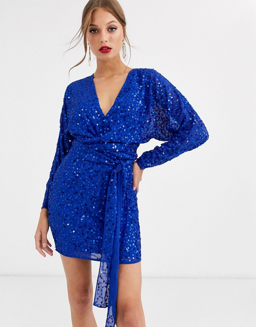 Asos Design Mini Dress With Batwing Sleeve And Wrap Waist In Scatter Sequin-blues