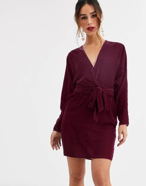 ASOS DESIGN mini dress with batwing sleeve and wrap waist in velvet | ASOS