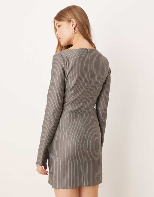 ASOS DESIGN mini dress with bust detail in grey pinstripe, 2 of 4