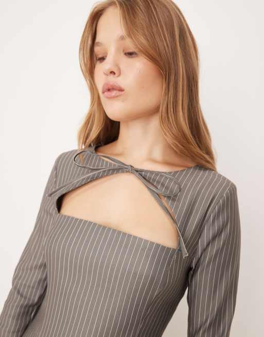 ASOS DESIGN mini dress with bust detail in grey pinstripe, 4 of 4