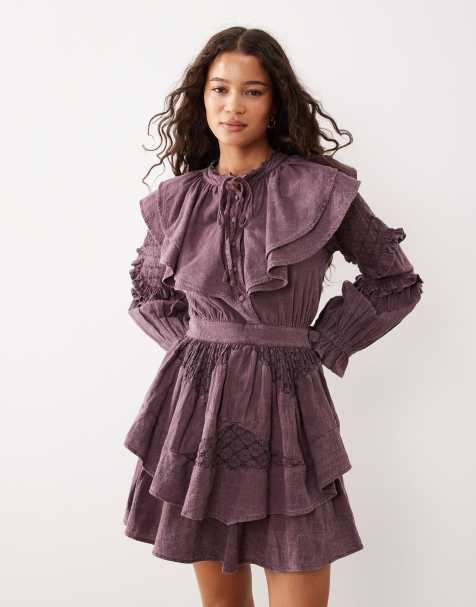 ASOS DESIGN mini dress with cinched waist ruffle detail and lace inserts in burgundy - view 1