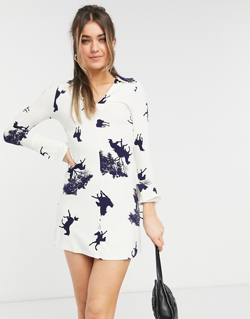 ASOS DESIGN mini dress with collar and flare sleeve in cream and black horse print