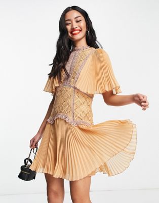 ASOS DESIGN mini dress with contrast lace trims and pleated cape sleeve in orange - ASOS Price Checker