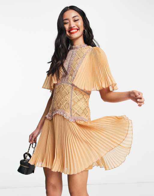 ASOS DESIGN mini dress with contrast lace trims and pleated cape sleeve in  orange