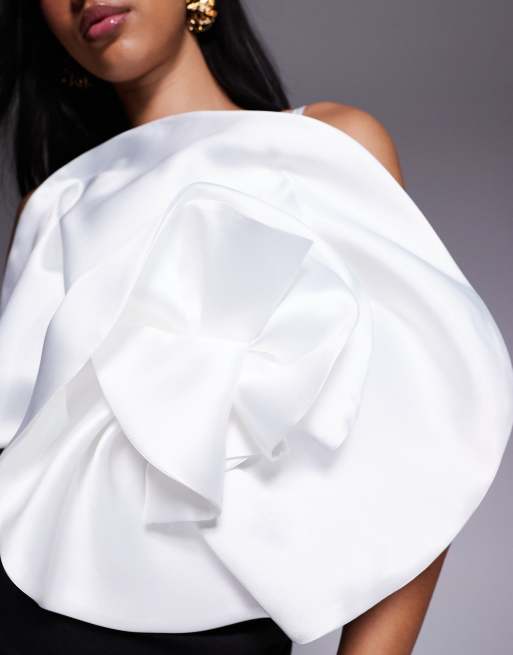 ASOS DESIGN mini dress with contrast satin oversized corsage in black in scuba-style fabric, 3 of 4
