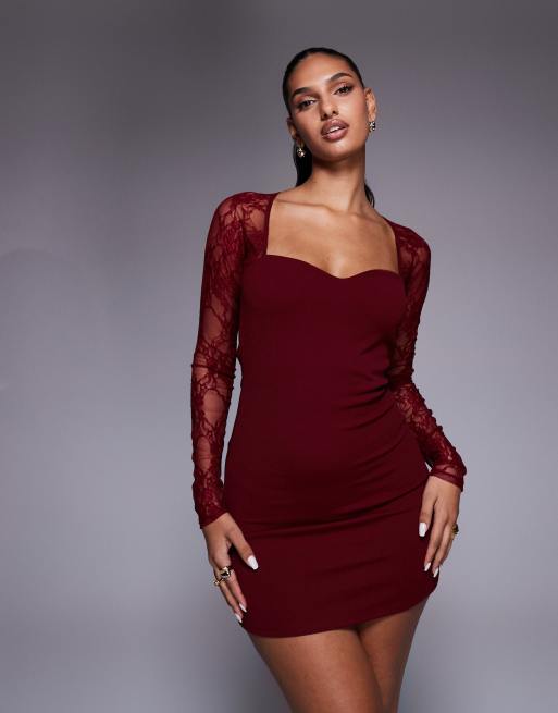 ASOS DESIGN mini dress with cutaway lace long sleeves in burgundy