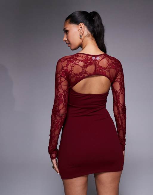 ASOS DESIGN mini dress with cutaway lace long sleeves in burgundy, 4 of 4