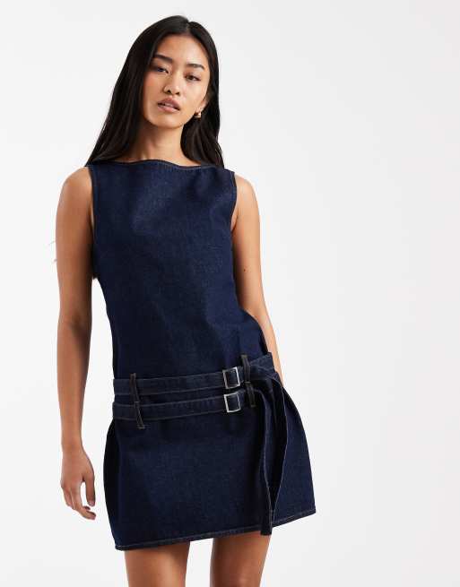 ASOS DESIGN mini dress with double belt details in indigo, 2 of 4