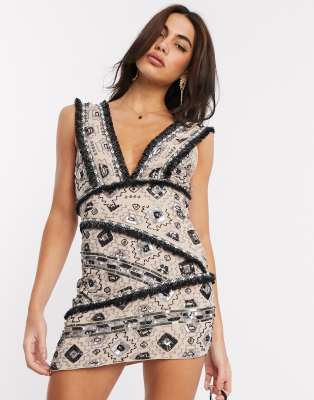 asos design all over embellished fringe mini dress