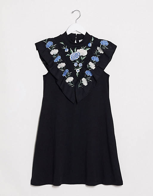 Dresses mini dress with embroidered frill yoke in black 