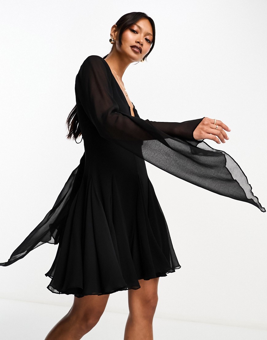 ASOS DESIGN mini dress with godet and asymmetric sleeve detail in black