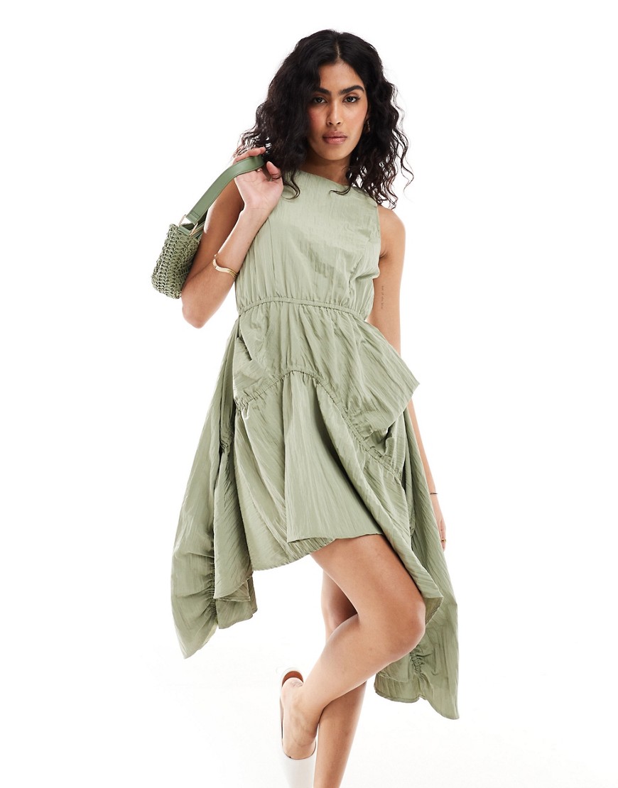 Asos Design Mini Dress With High Low Skirt Elasticized In Sage Crinkle-green