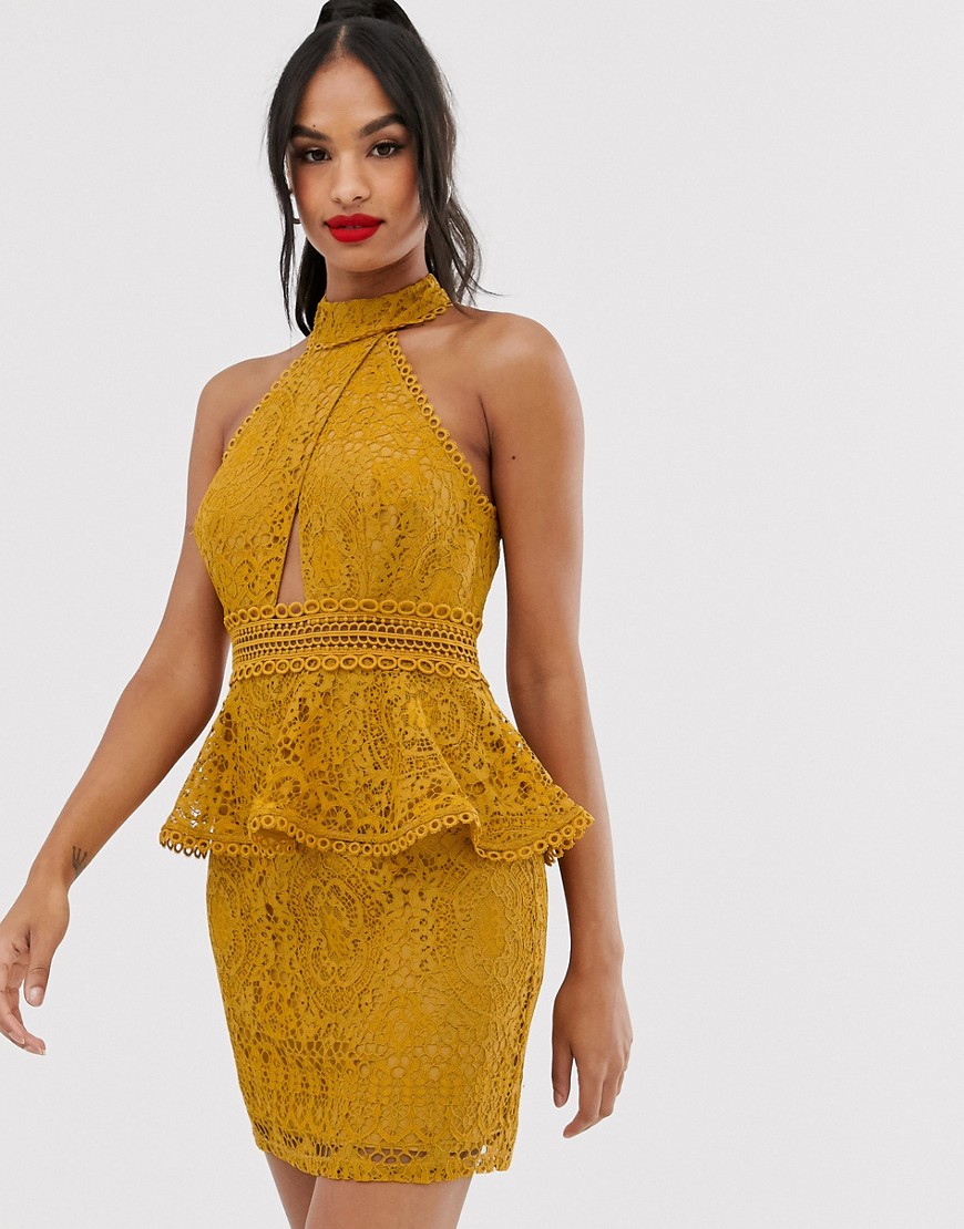 ASOS DESIGN mini dress with high neck and lace trim with peplum-Gold