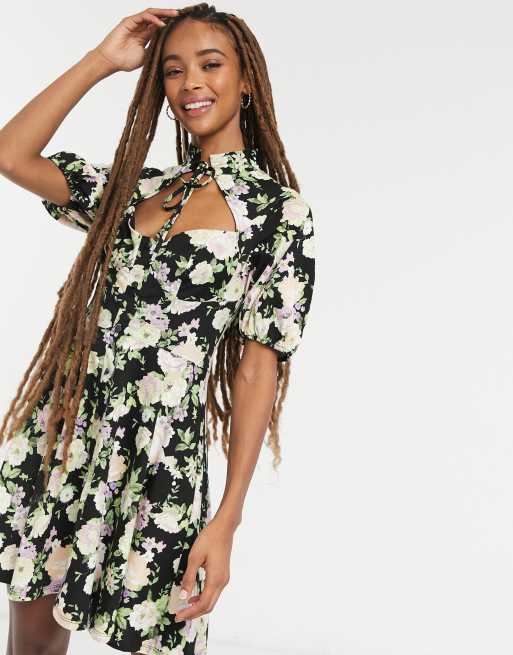 Asos Design Mini Dress With Keyhole Neck Detail In Vintage Floral Print Asos