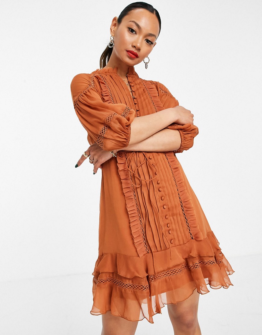 ASOS DESIGN mini dress with lace insets and tie detail in rust-Brown