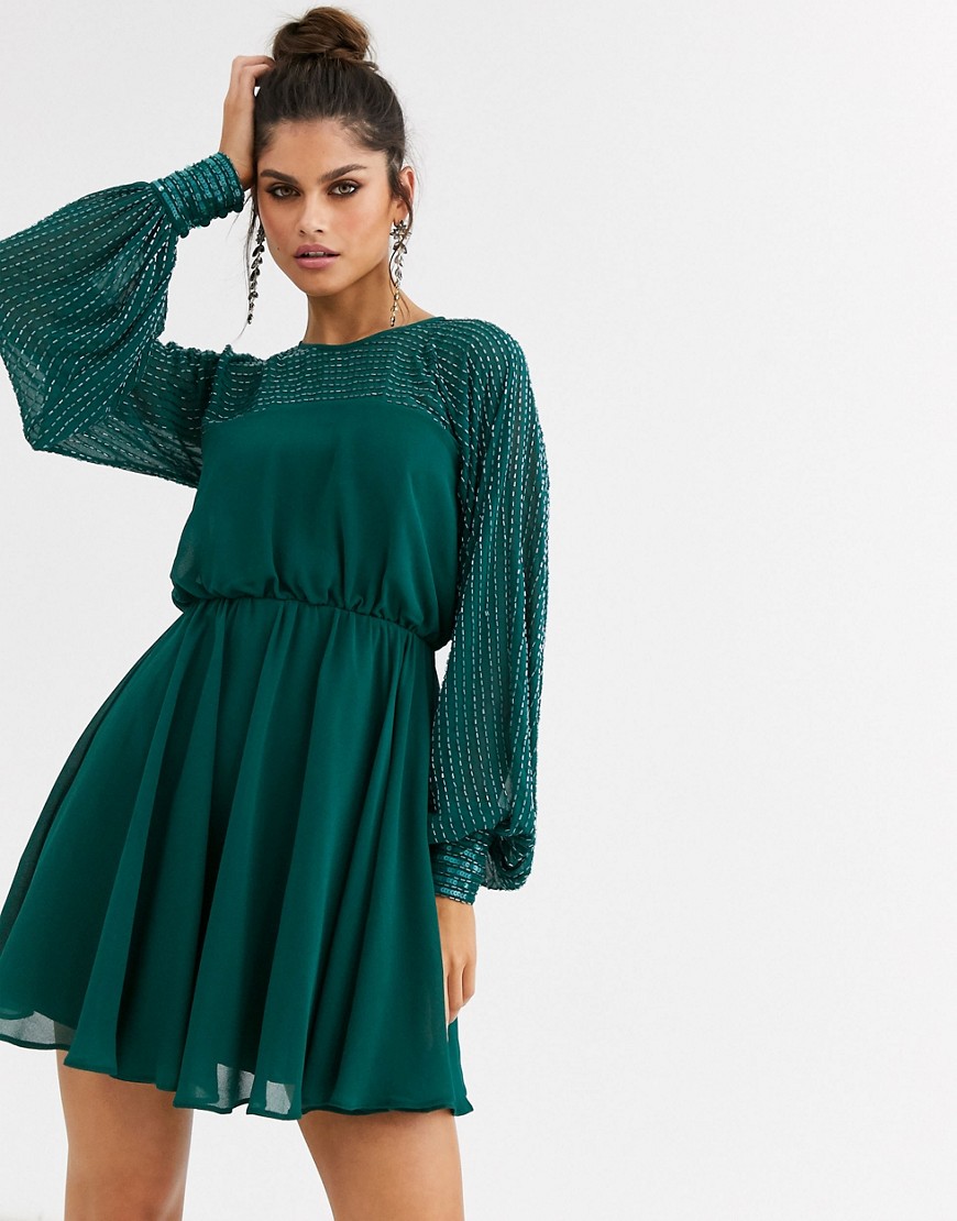 ASOS DESIGN mini dress with linear yoke embellishment-Green