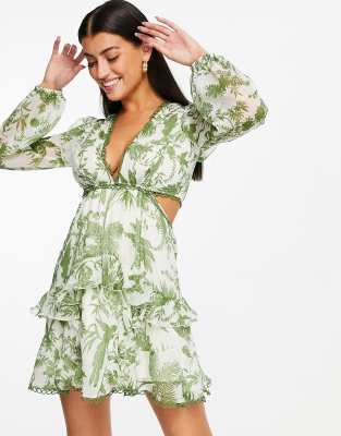 Asos design long sleeve mini dress in floral print with cluster embellishment sales detail and circle trims