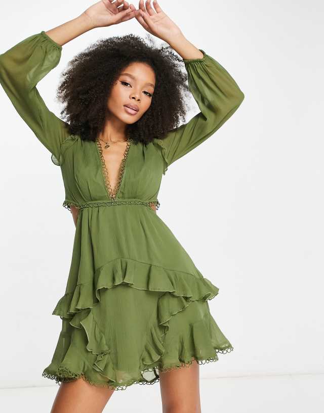 ASOS DESIGN mini dress with long sleeve and circle trim in green