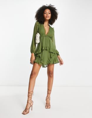 ASOS DESIGN mini dress with long sleeve and circle trim in green