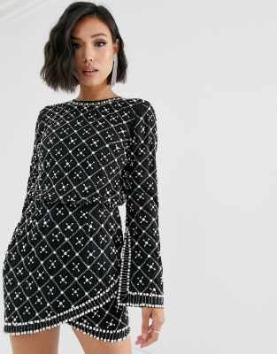 long sleeve beaded mini dress