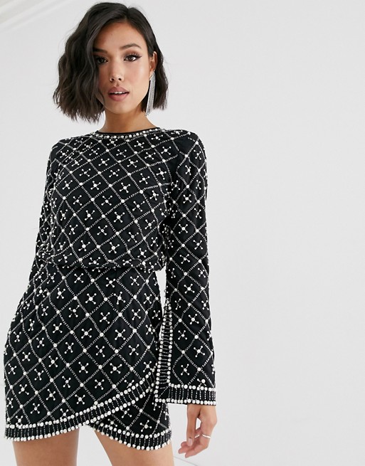 ASOS DESIGN mini dress with long sleeve in pearl and beaded embellishment