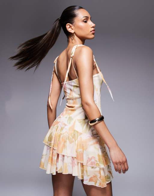 ASOS DESIGN mini dress with loose cami straps and asymmetric ruffles in floral print